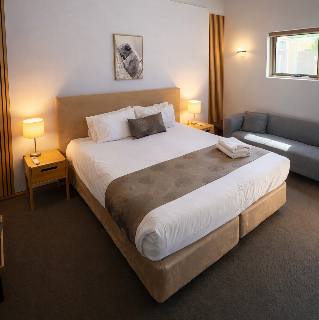 Queen room with lounge corner and soft evening lighting